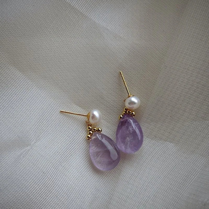 Freshwater Pearl and Amethyst dangle earrings with 925 silver needles, Crystalvana