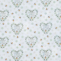 A repeating pattern on a white background featuring green leaf wreaths with the phrase 'Friendship warms the heart,' small yellow-and-black bees, and tiny white flowers.