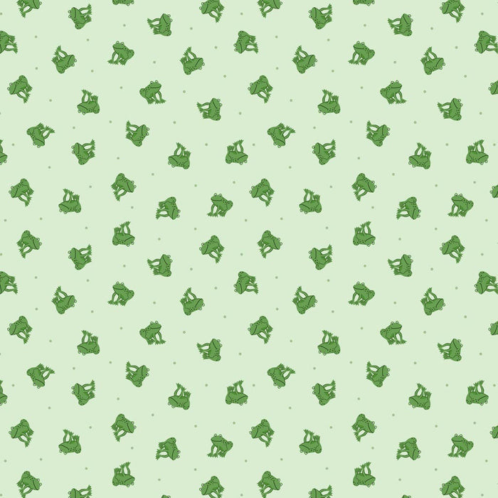 Miniature frogs bounding along a beautiful blue 100% cotton fabric.