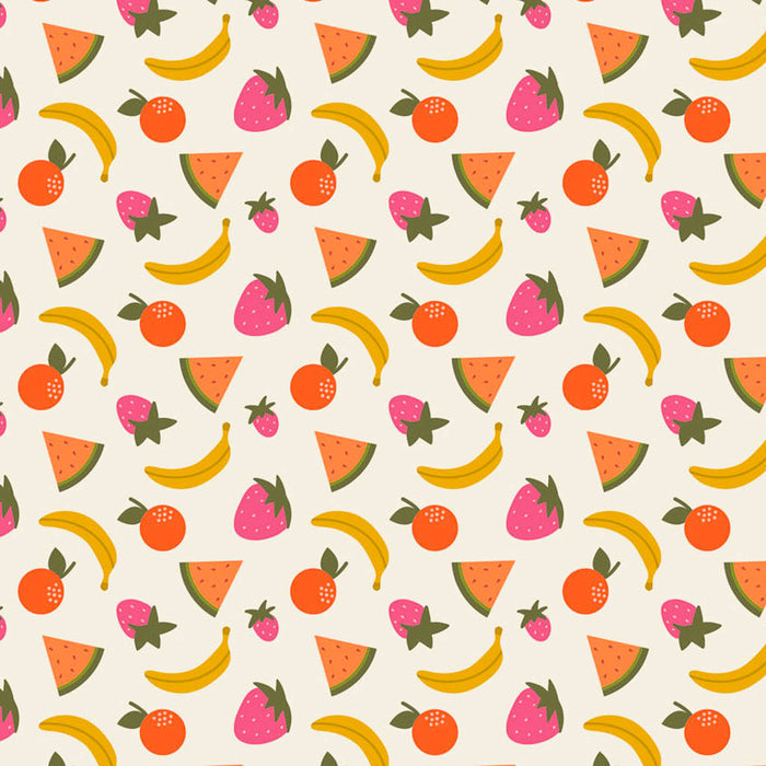 Fruit printed on a cream cotton quilting fabric