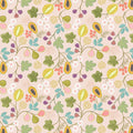 Bright branches of tropical papaya, figs, melon and pear surrounded by colourful flora printed on a light guava-pink quilting cotton.