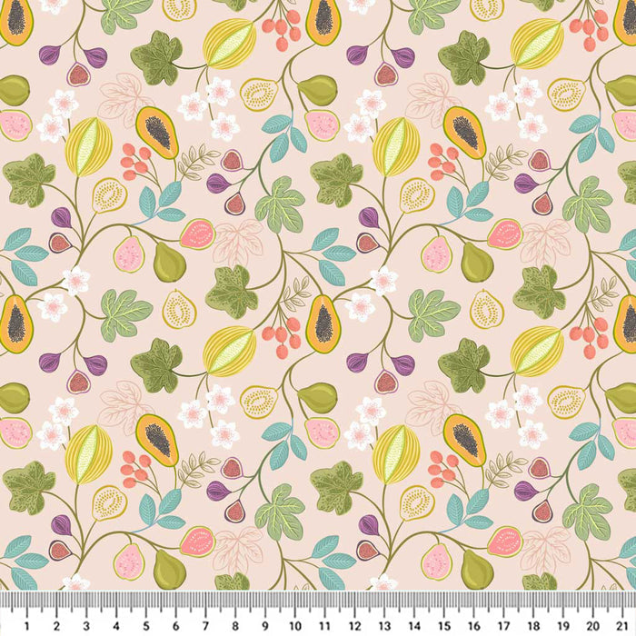 Bright branches of tropical papaya, figs, melon and pear surrounded by colourful flora printed on a light guava-pink quilting cotton.