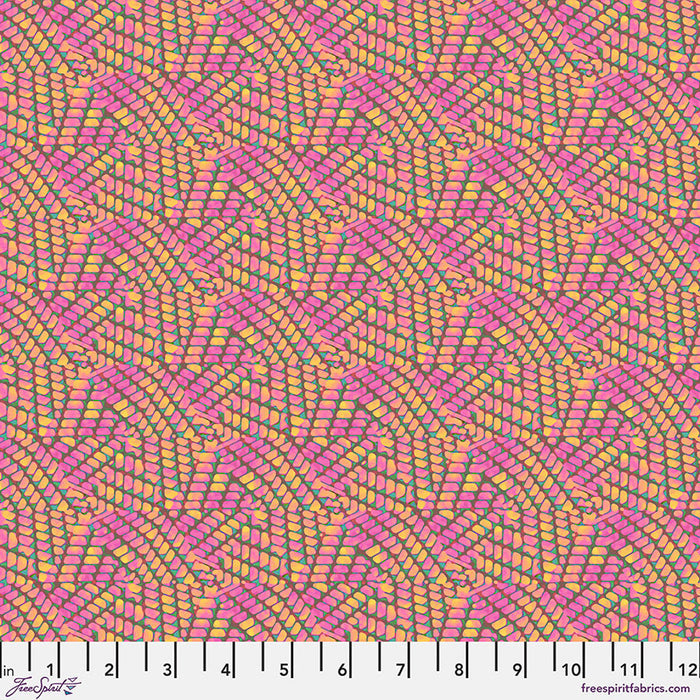 Colorful wavy pattern fabric swatch with a ruler at the bottom