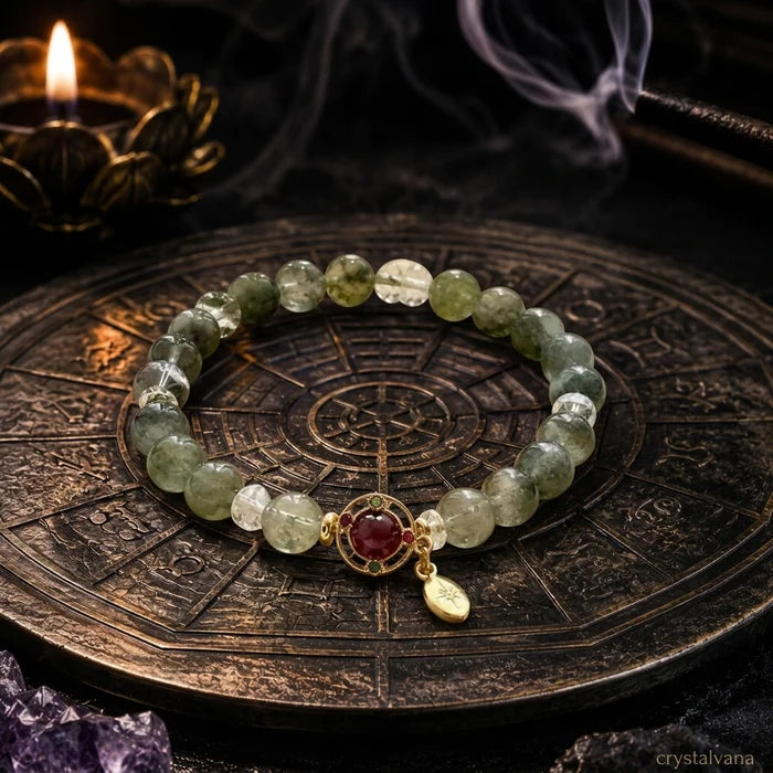 Green Phantom Quartz Bracelet | Ruby Gold Leaf Charm | Crystalvana