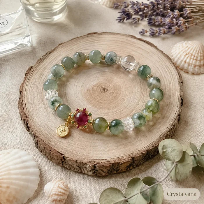 Green phantom quartz healing bracelet worn on wrist while reading at cafe, model lifestyle, Crystalvana