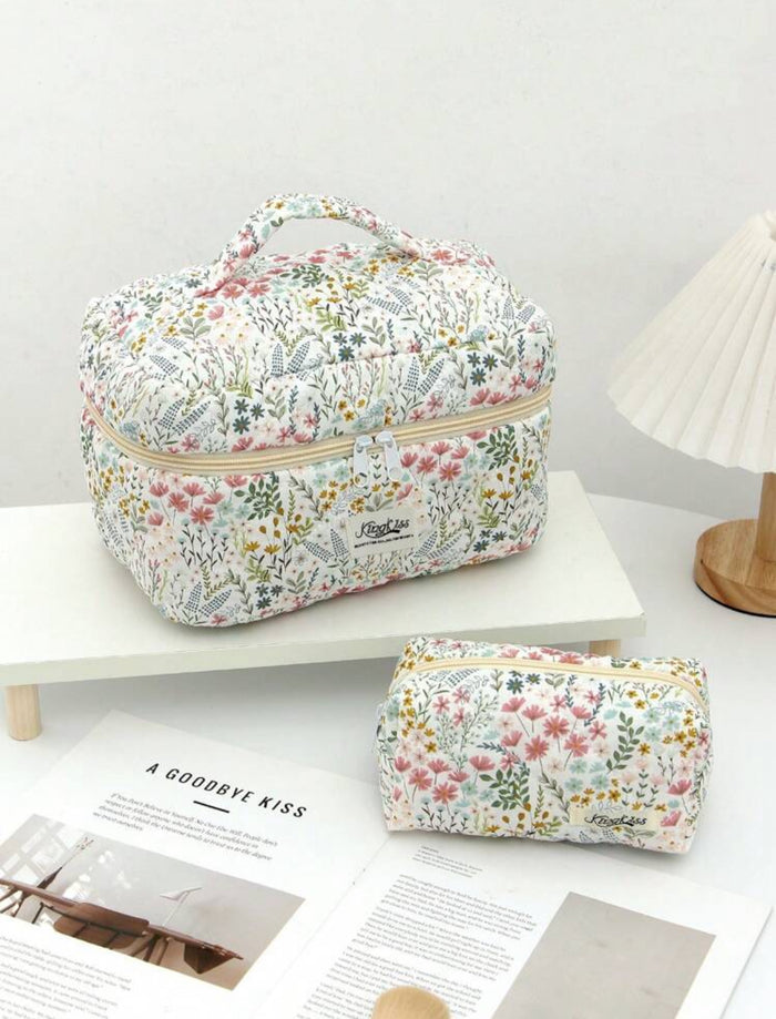 Green Quilted Makeup & Toiletry Travel Bag (3 Pcs)