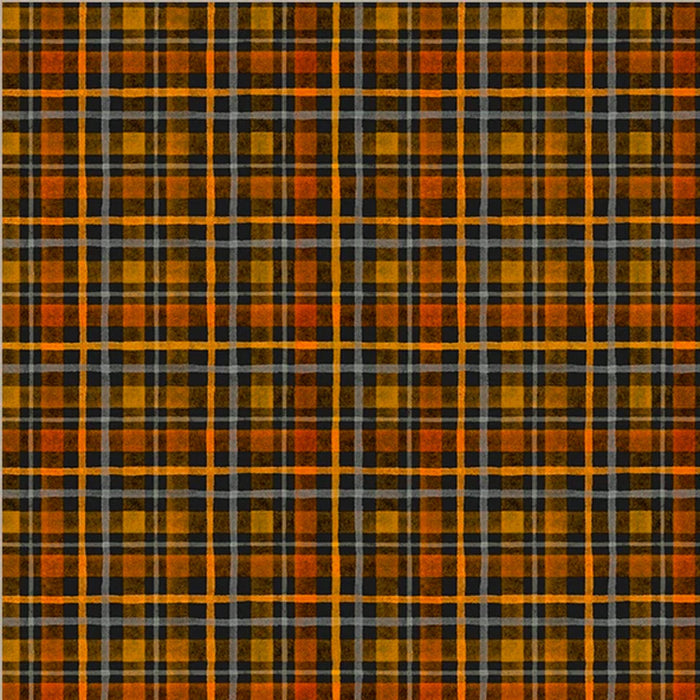 A close-up of a plaid fabric pattern with intersecting orange, yellow, black, and gray stripes forming a tartan design.