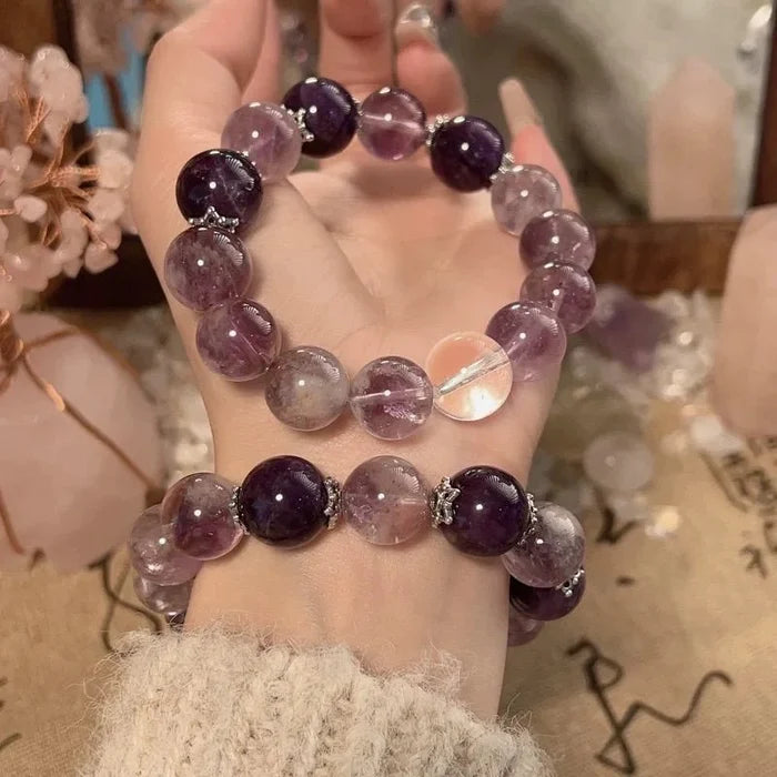 Hand in Hand Amethyst Phantom and White Crystal bracelet for spiritual connection, Crystalvana