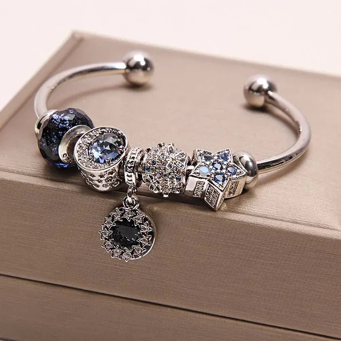 Moon and star wish bracelet in calming blue crystal hues - detail one