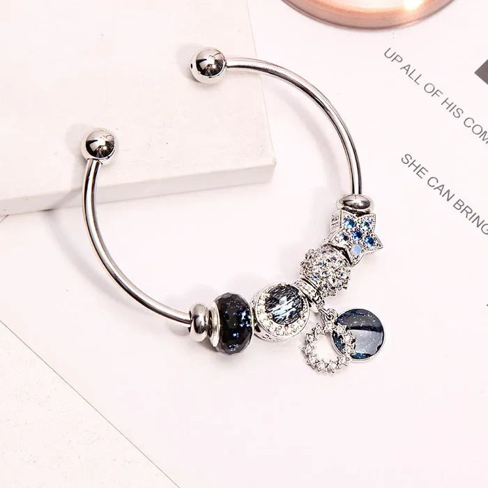 Blue moon and star bracelet - comfortable elastic fit, handcrafted by Crystalvana
