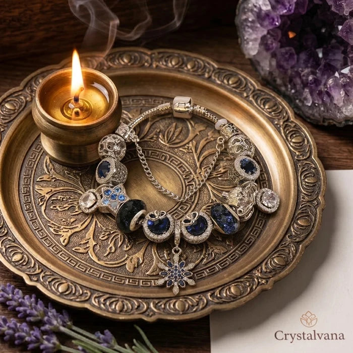 Handcrafted blue starry sky bracelet with snowflake charm - natural crystal jewelry by Crystalvana