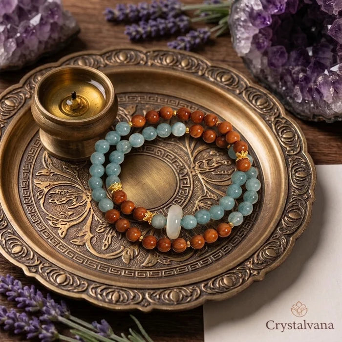 Handcrafted double blue chalcedony bracelet with jade - natural crystal jewelry by Crystalvana