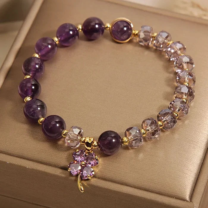 Purple amethyst bracelet with four-leaf clover charm - full view