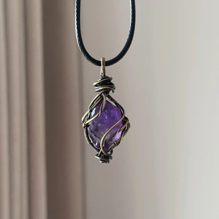 Handcrafted Natural Amethyst raw stone wire wrapped pendant necklace violet crystal by Crystalvana