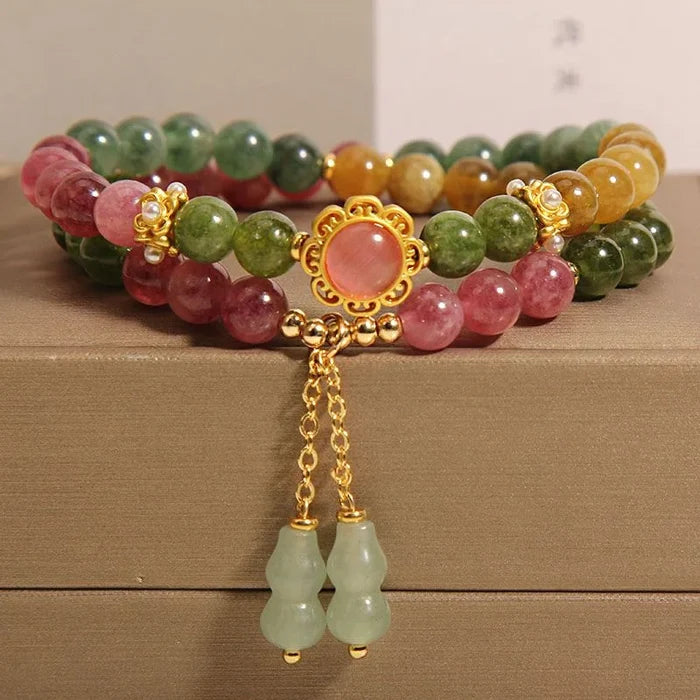 Natural tourmaline bracelet with hulu gourd pendant - full view