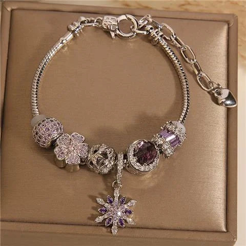 Purple amethyst bracelet with silver snowflake star charm - full view