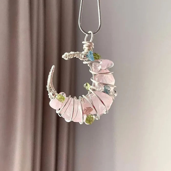 Side angle view of raw crystal necklace — handcrafted crystal necklace for positive energy by Crystalvana