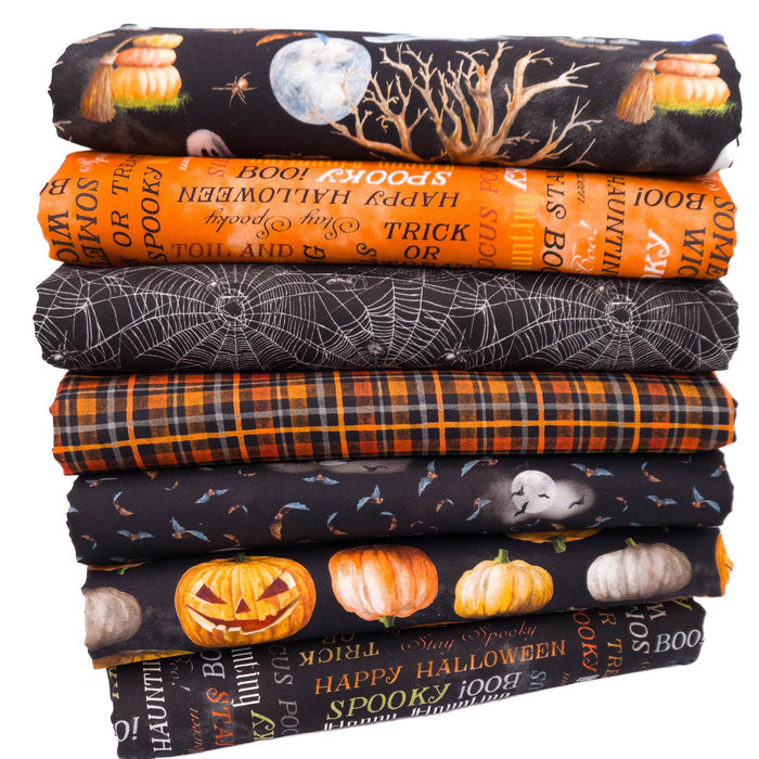 A stack of seven folded fabric quarters with Halloween-themed patterns, including pumpkins, ghosts, spiders, plaid, and spiderwebs on black and orange backgrounds.