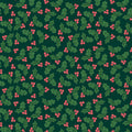 A repeating holiday pattern of green holly leaves and small pink-red berries on a dark green cotton quilting fabric.