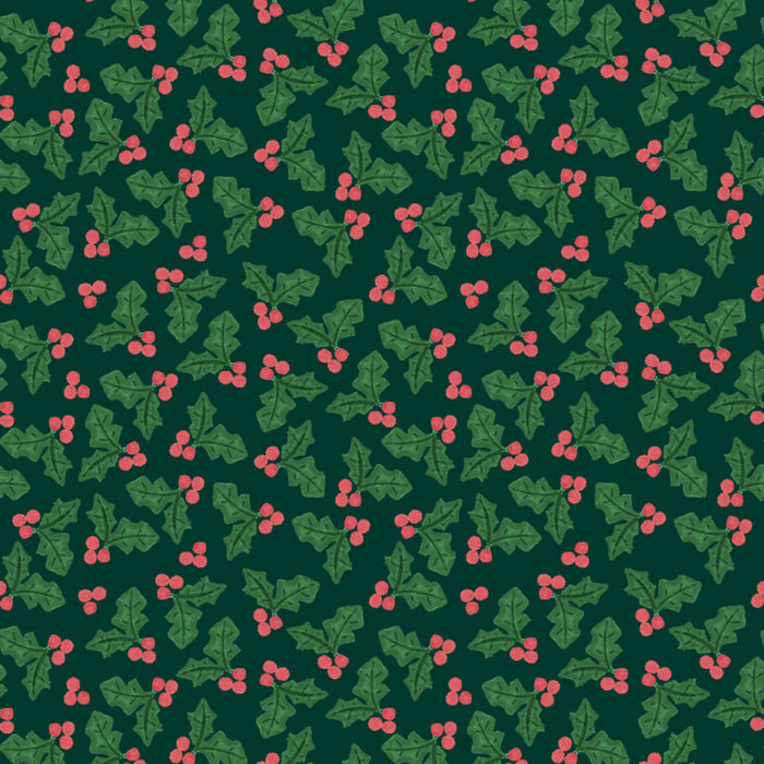 A repeating holiday pattern of green holly leaves and small pink-red berries on a dark green cotton quilting fabric.