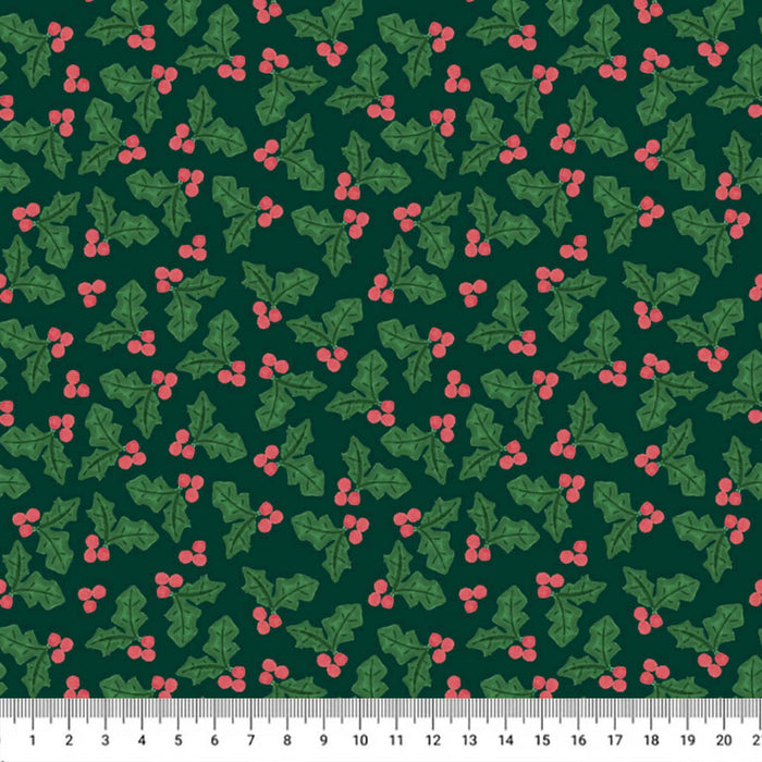 Dark green fabric with a repeating holly pattern of green leaves and small pink-red berries, shown flat with a white ruler along the bottom edge.