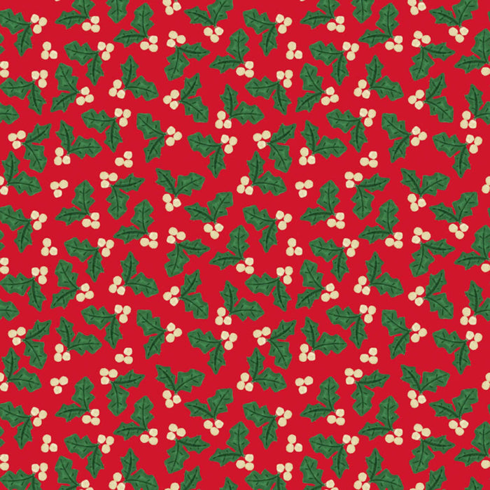 A repeating Christmas holly pattern featuring green holly leaves and small cream-colored berries on a solid red cotton quilting fabric.