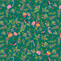 Colorful Christmas-themed pattern with holly leaves, berries, and festive elements on a teal background.