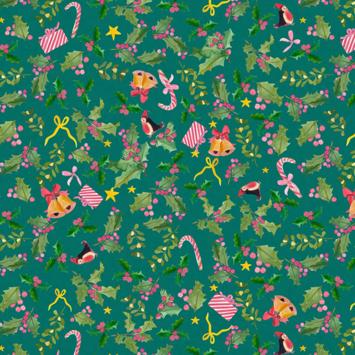 Colorful Christmas-themed pattern with holly leaves, berries, and festive elements on a teal background.