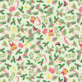 Christmas-themed pattern with holly leaves, berries, and festive elements on a light green background.
