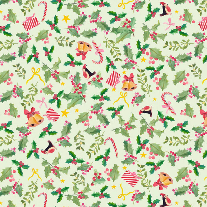 Christmas-themed pattern with holly leaves, berries, and festive elements on a light green background.