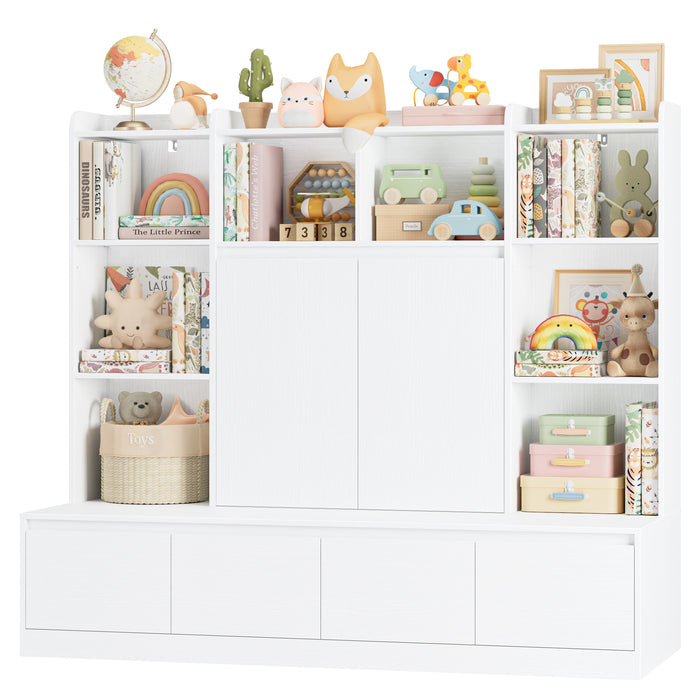 Homfa 10 Cubes Kids Toy Storage Organizer, 4 Drawers Kids Bookcase and Bookshelf with Doors & Adjustable Shelves for Playroom Kids Room, White