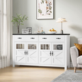 Homfa 2 Drawer Farmhouse Storage Cabinet with Glass Door, Wood Kitchen Sideboard Buffet with Adjustable Shelves, White & Black