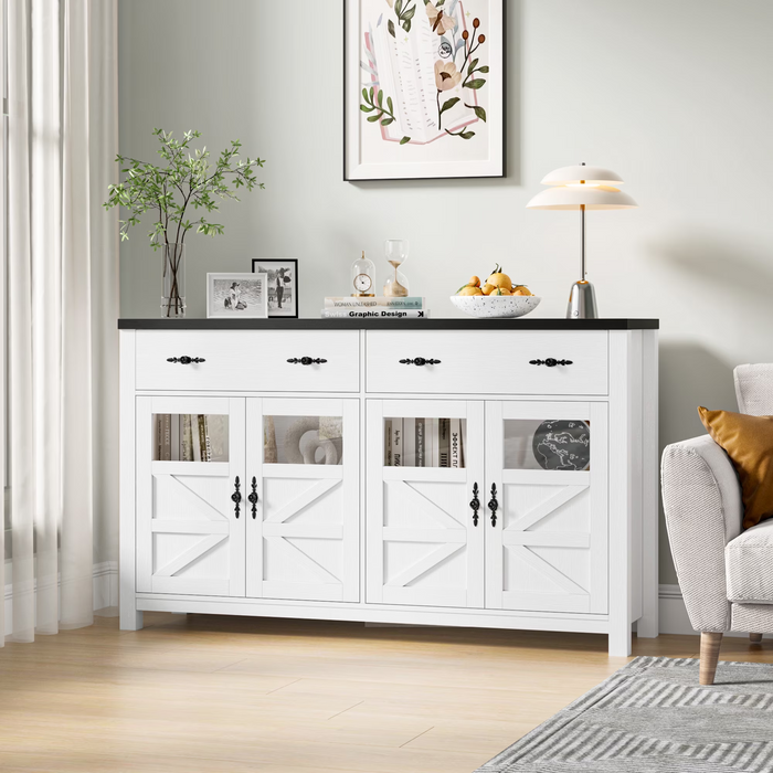 Homfa 2 Drawer Farmhouse Storage Cabinet with Glass Door, Wood Kitchen Sideboard Buffet with Adjustable Shelves, White & Black