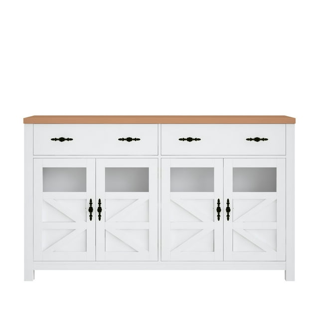 Homfa 2 Drawer Farmhouse Storage Cabinet with Glass Door, Wood Kitchen Sideboard Buffet with Adjustable Shelves, White