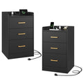 Homfa 2 Pcs Nightstand for Bedroom, Storage Cabinet with Charging Station and 3 Drawers, Modern Sofa Table for Living Room, Black