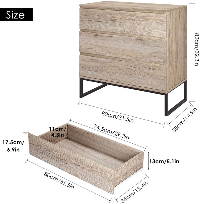 Homfa 3 Drawer Chest, Storage Dresser Cabinet with Steel Legs, Collection Organizer Nightstand Sofa Sideboard Buffet Cabinet, Accent Decor Furniture for Office Home, Assembly Requires