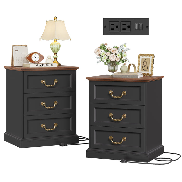 Homfa 3-Drawer Dresser Set of 2, Accent Chest of Drawers with Built-in Power Outlet, Nightstand for Bedroom, Sofa Table for Living Room, Black