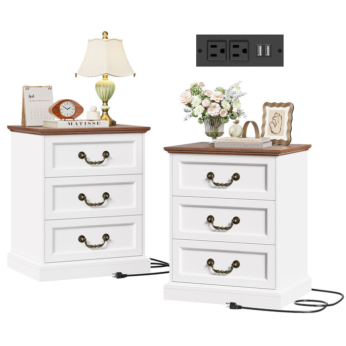 Homfa 3-Drawer Dresser Set of 2, Accent Chest of Drawers with Built-in Power Outlet, Nightstand for Bedroom, Sofa Table for Living Room, White