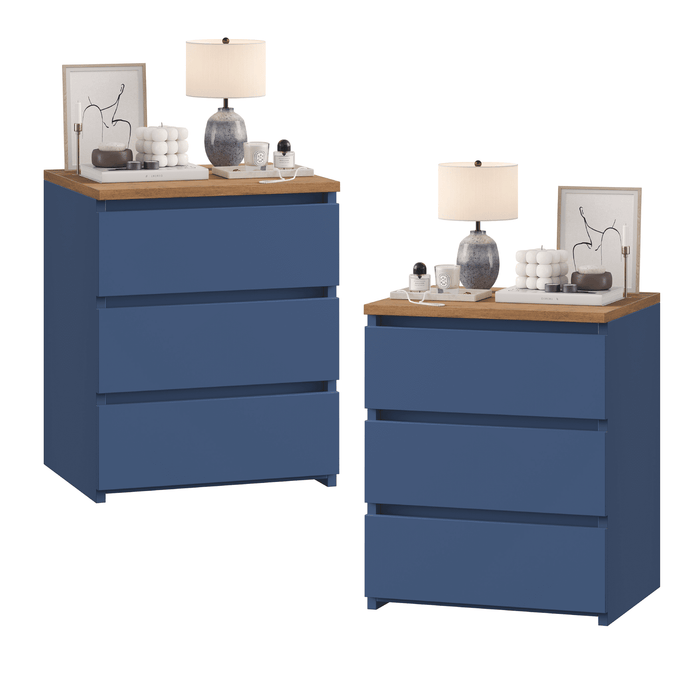 Homfa 3 Drawers Nightstand Set of 2, Small Sofa Table, Wooden Storage Cabinet for Living Room, Blue Finish