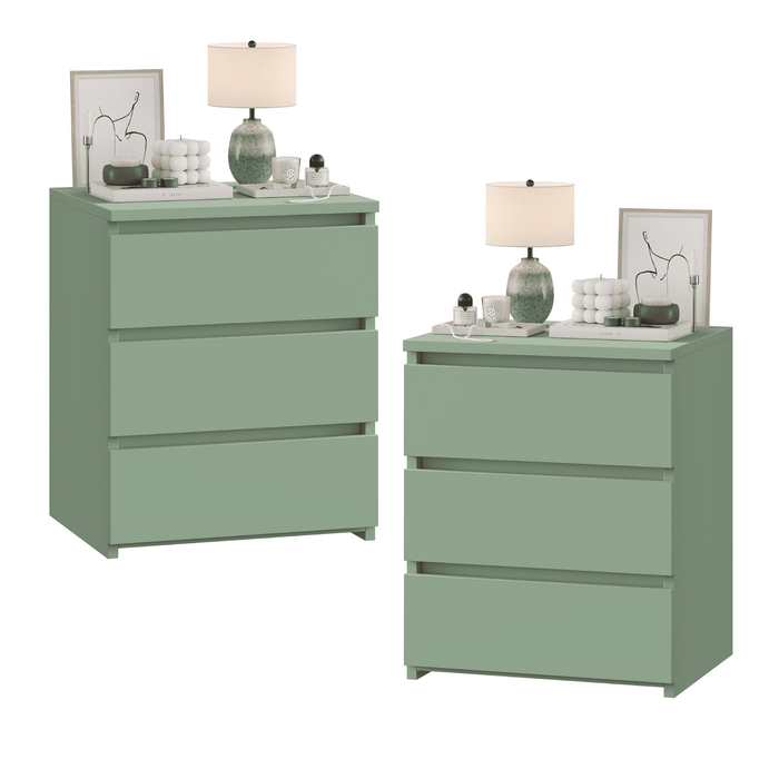 Homfa 3 Drawers Nightstand Set of 2, Small Sofa Table, Wooden Storage Cabinet for Living Room, Green Finish