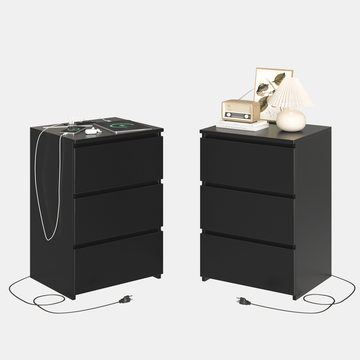 Homfa 3 Drawers Nightstand Set of 2 with Charging Station, Modern End Side Table, Wooden Storage Cabinet for Bedroom Living Room, Black