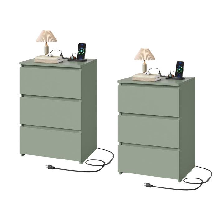 Homfa 3 Drawers Nightstand Set of 2 with Charging Station, Modern End Side Table, Wooden Storage Cabinet for Bedroom Living Room, Green