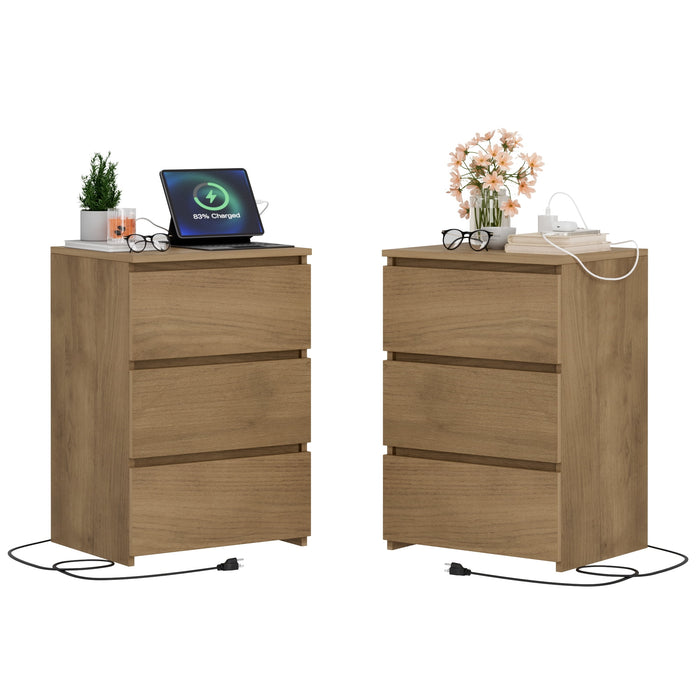 Homfa 3 Drawers Nightstand Set of 2 with Charging Station, Modern End Side Table, Wooden Storage Cabinet for Bedroom Living Room, Wood Grain