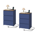 Homfa 3 Drawers Nightstand Set of 2 with Charging Station, Modern End Side Table, Wooden Storage Cabinet for Bedroom Living Room, Blue