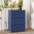Homfa 3 Drawers Nightstand with Charging Station, Modern End Side Table, Wooden Storage Cabinet for Bedroom Living Room, Blue
