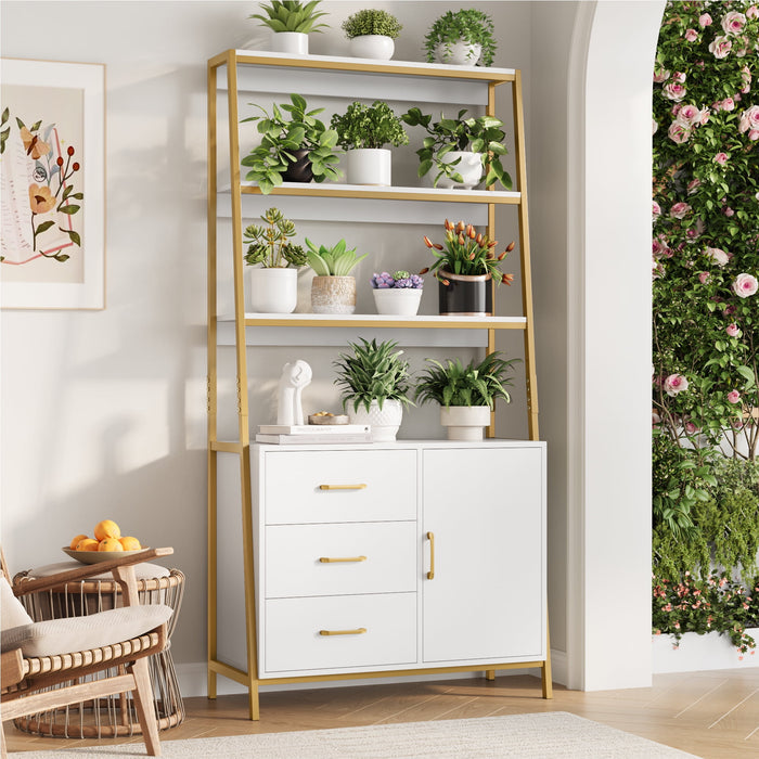 Homfa 3 Tier Display Storage Shelves with 3 Drawers, Gold Metal Frame Bookshelf for Living room, White Finish
