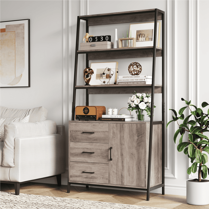 Homfa 3 Tier Metal Frame Ladder Bookshelf, Display Storage Shelves with 3 Drawers, Gray Finish