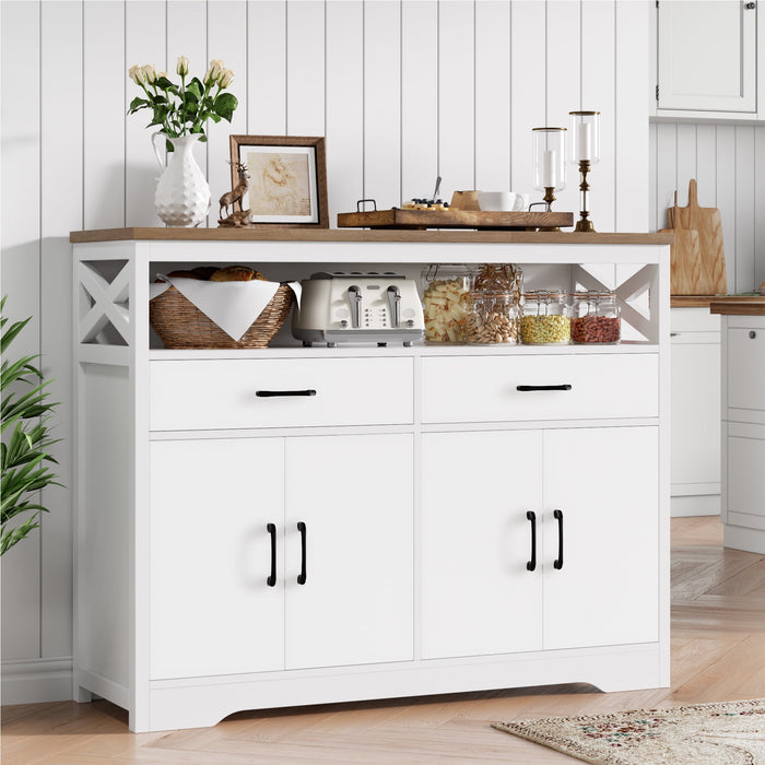 Homfa 4 Door Storage Cabinet with 2 Drawer, Console Table with Adjustable Shelf and Hutch for Living Room, White