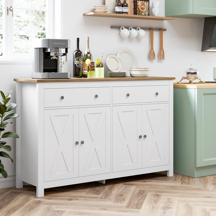 Homfa 4-Doors 2-Drawers Farmhouse Storage Cabinet, Wood Sideboard with Adjustable Shelves for Kitchen Dining Room, White