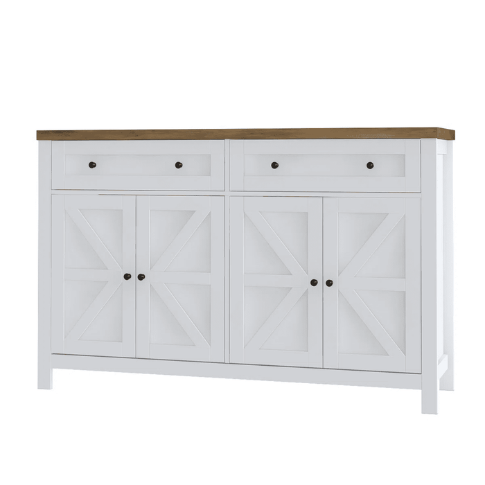 Homfa 4-Doors with 2-Drawers Farmhouse Storage Cabinet, Wood Kitchen Sideboard with Adjustable Shelves, White-Brown